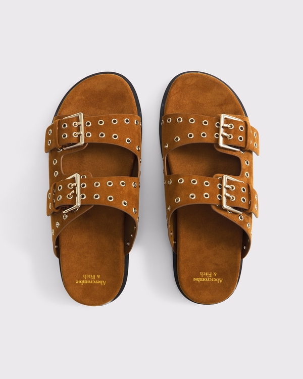 Vegan Suede Grommet Footbed Slide Sandals, Brown view 1