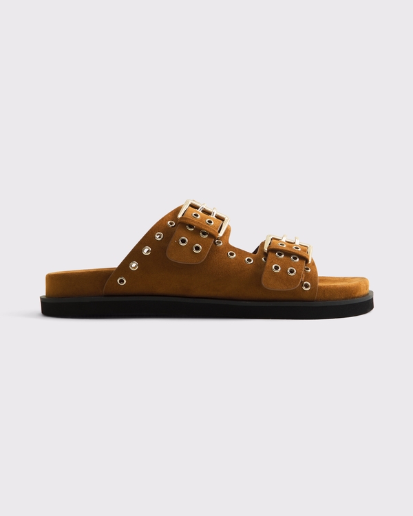 Vegan Suede Grommet Footbed Slide Sandals, Brown view 2