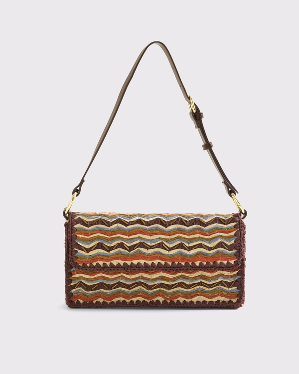Patterned Raffia Shoulder Bag, Brown Pattern view 1
