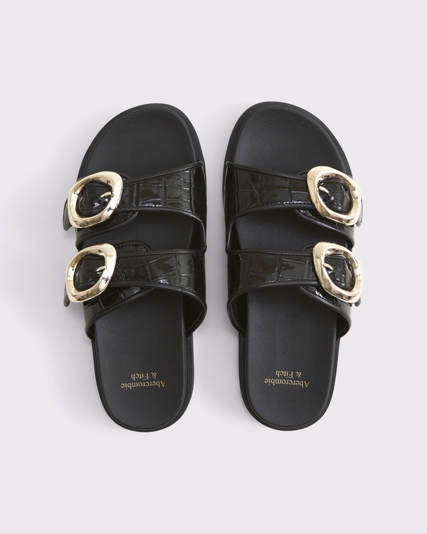 Embossed Crocodile Slide Sandals, Black view 1