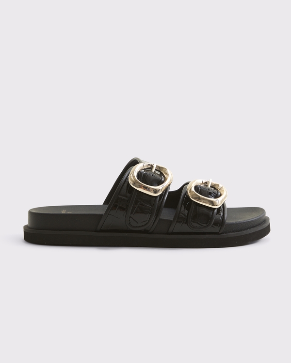 Embossed Crocodile Slide Sandals, Black view 2