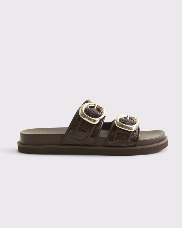 Embossed Crocodile Slide Sandals, Dark Brown view 2