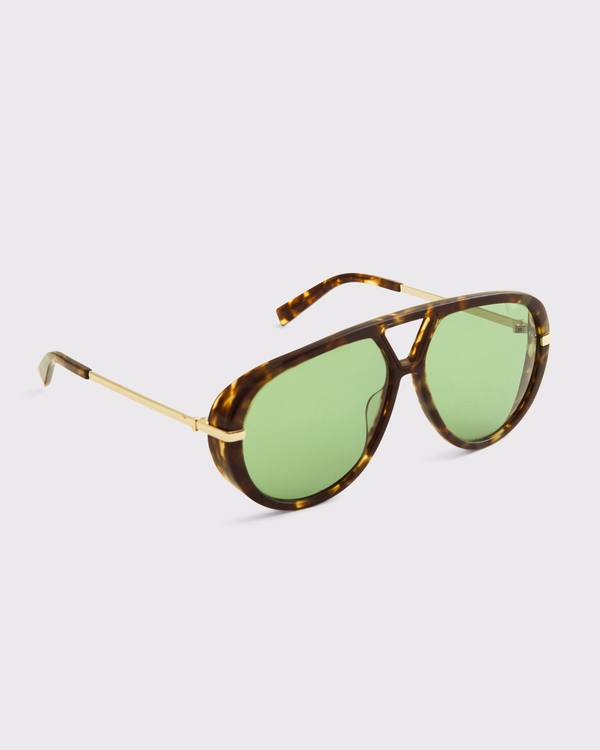 Oversized Aviator Sunglasses, Tortoise Shell Frame & Green Lens view 2