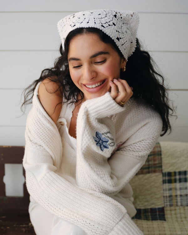 Crochet-Style Headscarf, Cream view 2