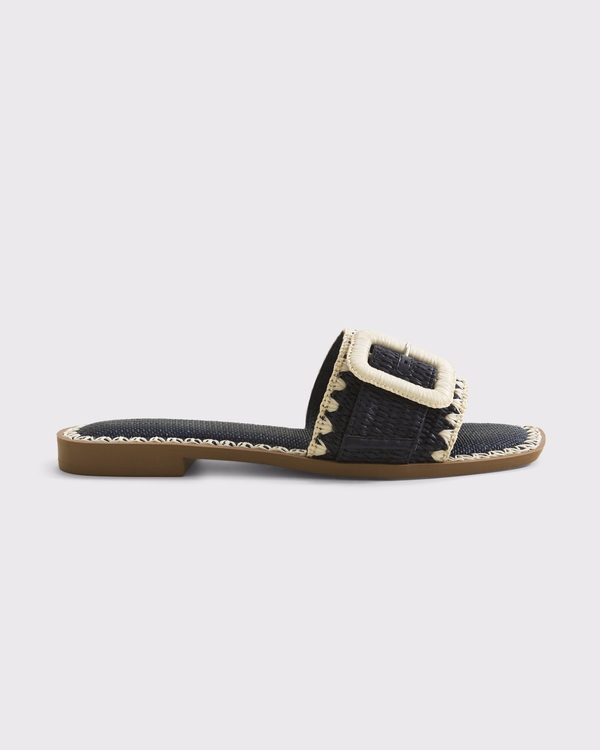 Raffia Buckle Slide Sandals, Navy view 1