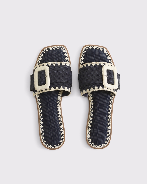 Raffia Buckle Slide Sandals, Navy view 2