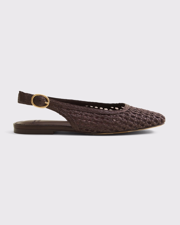 Raffia Square-Toe Slingback Flat, Dark Brown view 1