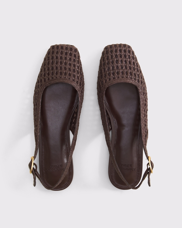Raffia Square-Toe Slingback Flat, Dark Brown view 2