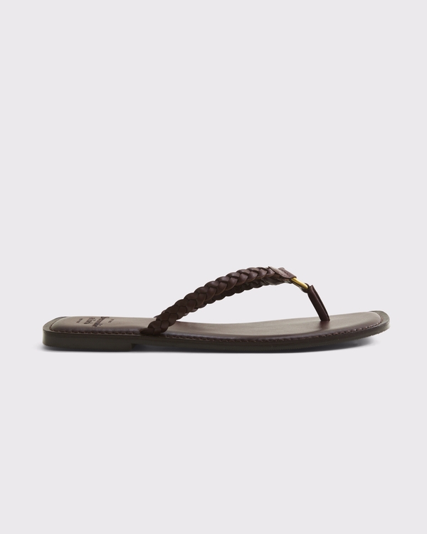 Genuine Leather Braided Flip-Flop Sandals, Brown view 2