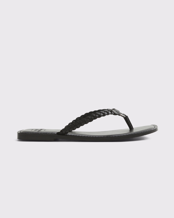 Genuine Leather Braided Flip-Flop Sandals, Black view 2