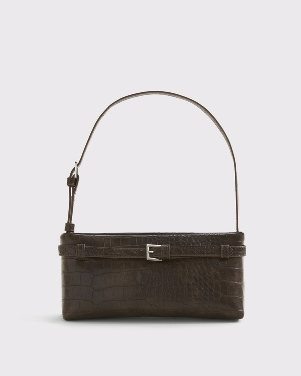 Croc-Embossed Belted Shoulder Bag, Dark Brown view 1