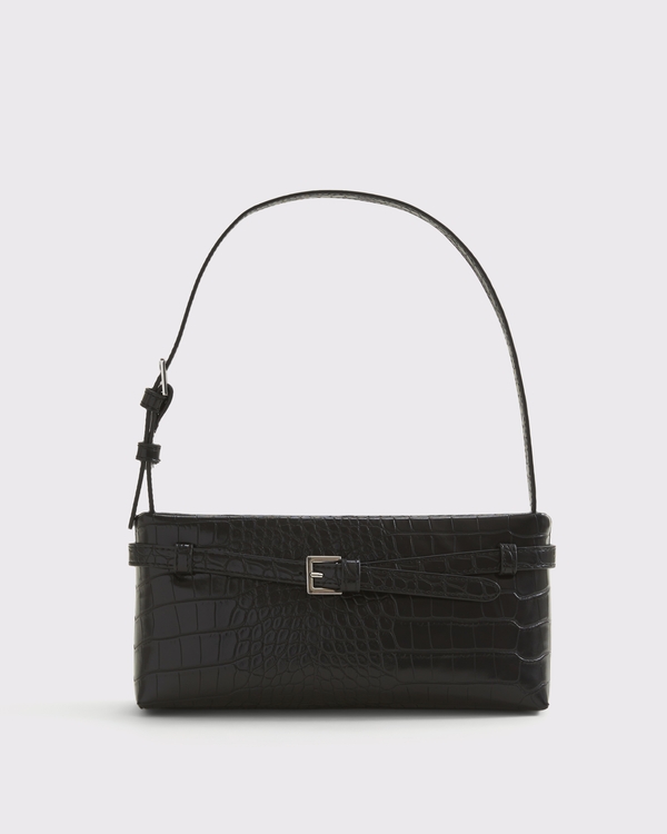 Croc-Embossed Belted Shoulder Bag, Black view 1