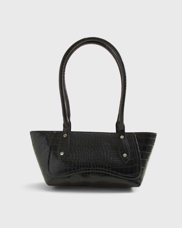 Croc-Effect Vegan Leather Shoulder Bag, Black Pattern view 1