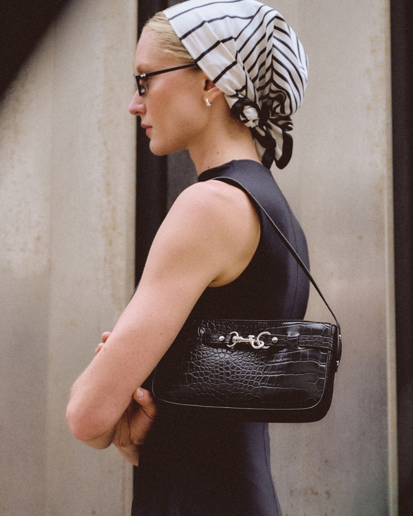 Croc-Effect Vegan Leather Shoulder Bag, Black view 1