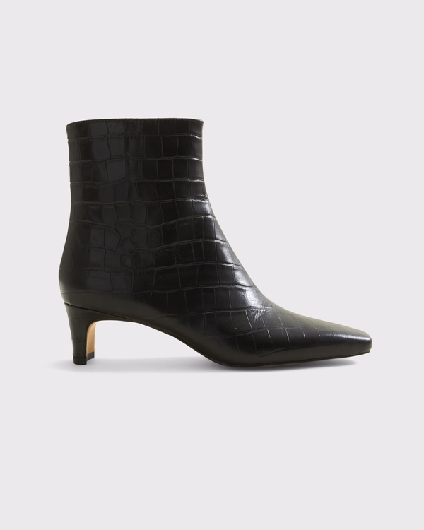 Mini Heel Croc-Effect Leather Ankle Boot, Black Pattern view 1