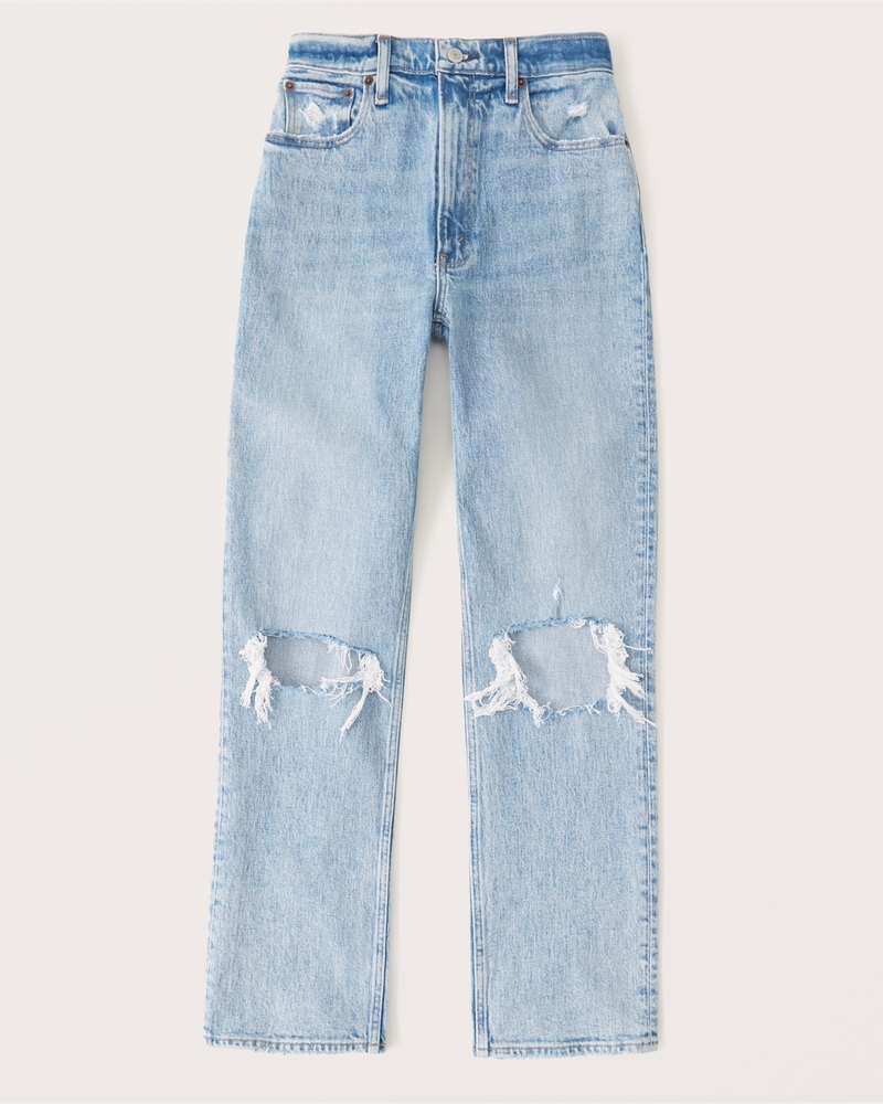 Abercrombie & Fitch Women's 90s Ultra High Rise Straight Jeans in Light Ripped Medium Wash - Size 26XS