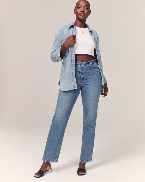 Curve Love Ultra High Rise 90s Straight Jean, Medium With Criss-cross Waistband