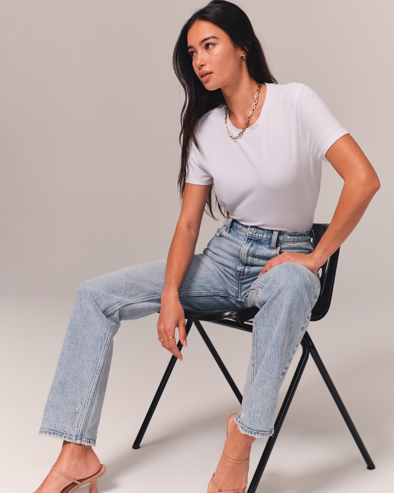 90's Style Cuffed Hem High Rise Straight Jeans - PB & Lotus