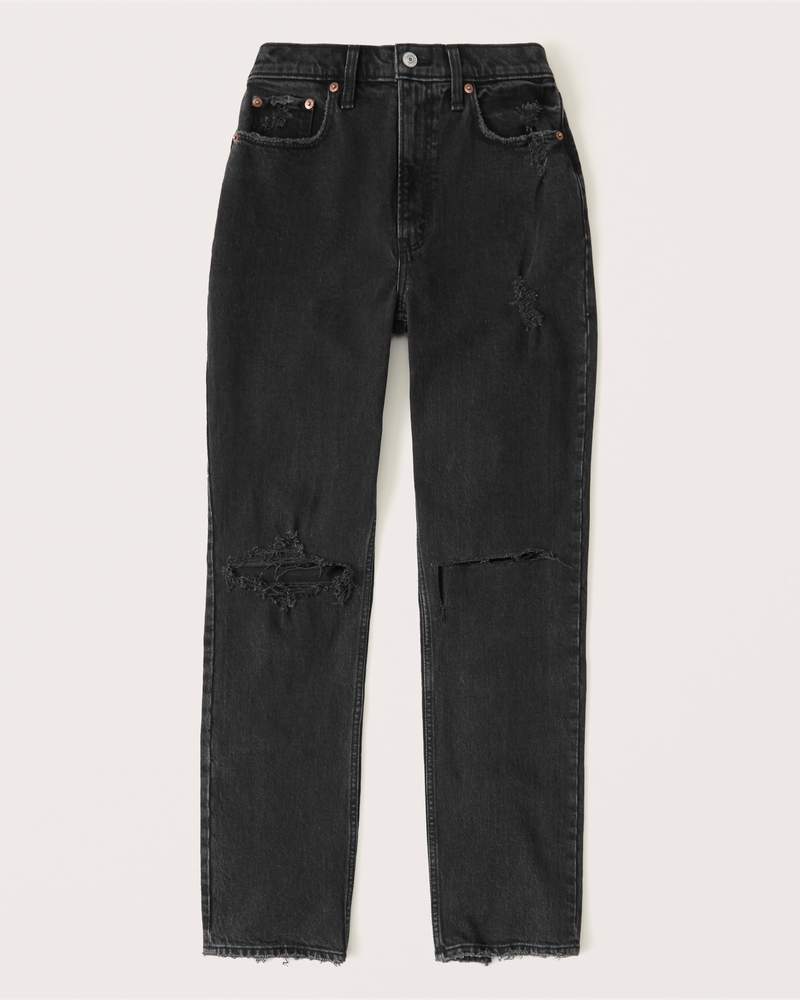 Abercrombie & Fitch Women's Curve Love 90s Ultra High Rise Straight Jeans in Ripped Black Wash - Size 27XS