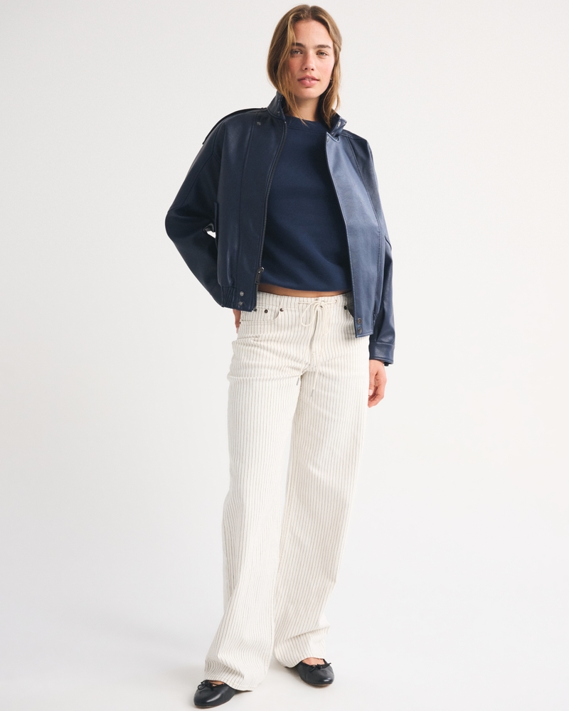 Low Rise Linen-Blend Denim Ultra Loose Drawstring Jean - ecru stripe by Abercrombie & Fitch