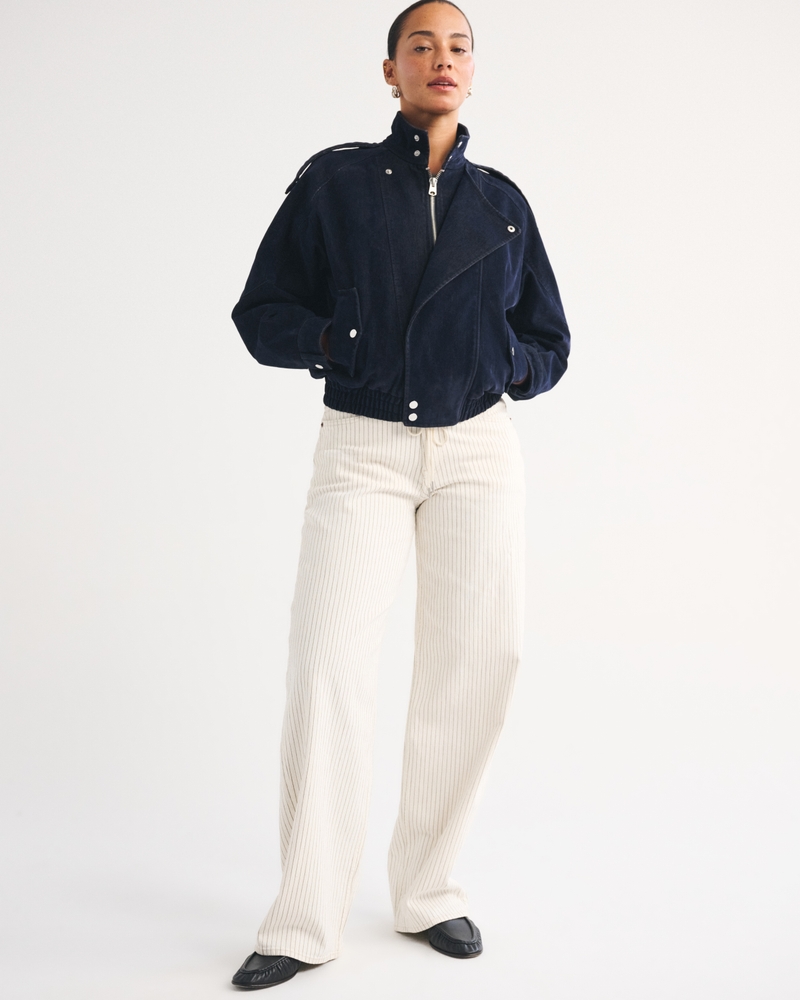 Curve Love Low Rise Linen-Blend Denim Ultra Loose Drawstring Jean - ecru stripe by Abercrombie & Fitch