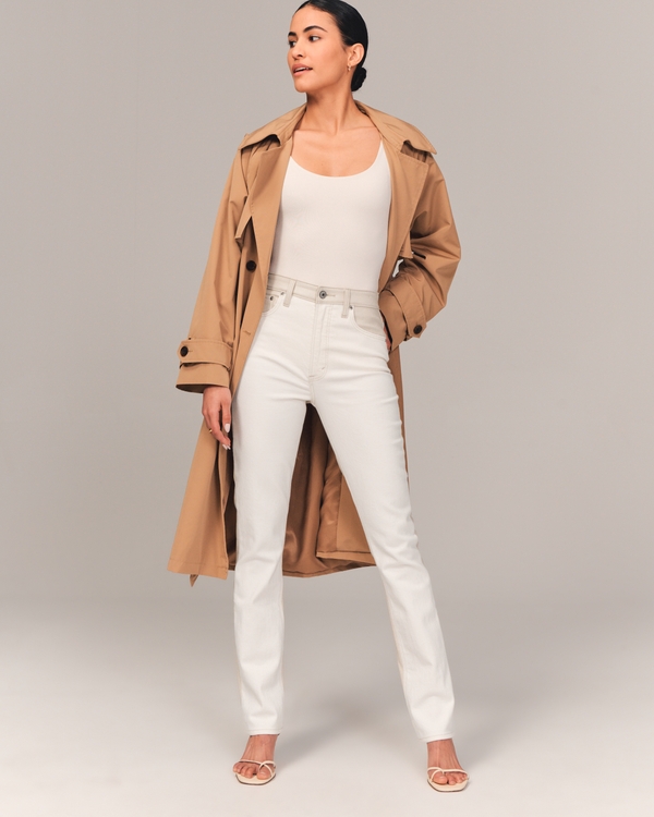 Mixed Fabric Ultra High Rise 90s Slim Straight Jean, Cream With Leather Details