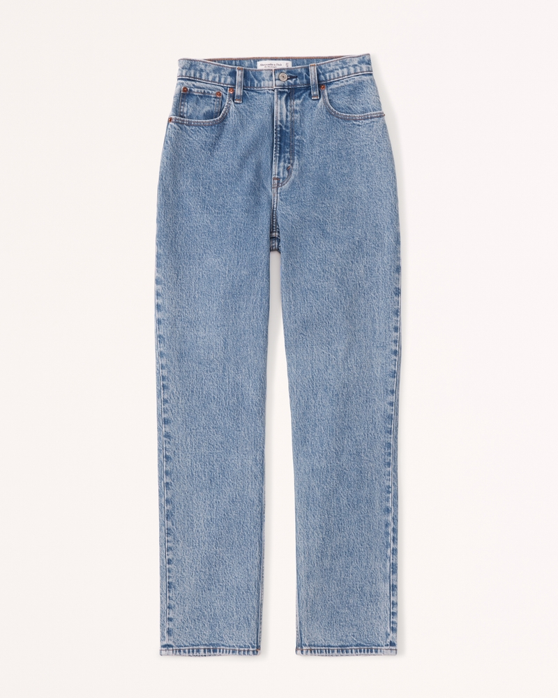 Abercrombie & Fitch Curve Love 90s straight fit jean in dark blue with  thigh slash