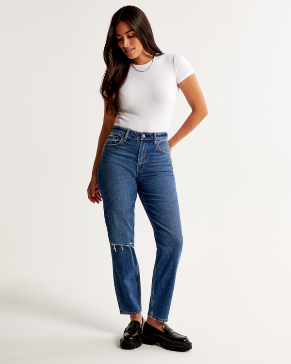 High * Ripped Mom Jeans, Black Slim Fit Destroyed Denim Pants, High Waist  Zipper Button Jeans, Women's Denim & Clothing