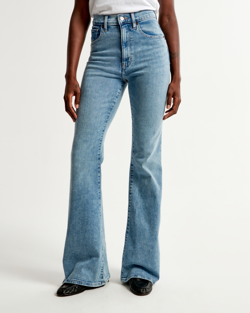 Blue 5 Pocket Stretch Flared Jeans, Denim