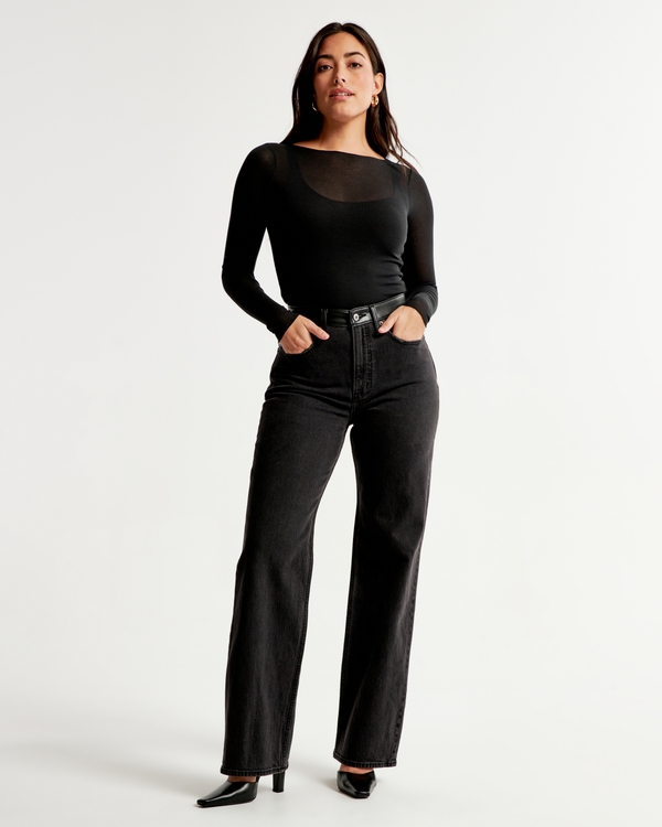 Mixed Fabric Curve Love High Rise 90s Relaxed Jean, Black With Leather Details