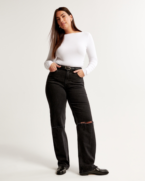 Curve Love High Rise 90s Relaxed Jean, Black Destroy