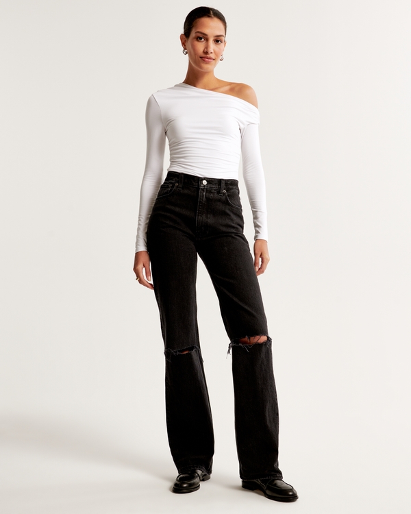 High Rise 90s Relaxed Jean, Black Destroy
