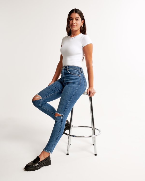 High * Plain Design Dark Blue Super Skinny Jeans, Pantalones de mezclilla  de cintura alta con entrepierna en relieve con ondas de agua, Jeans de me