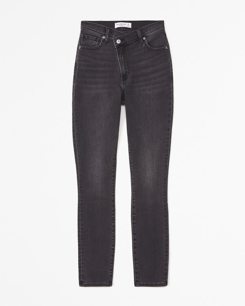 Crisscross Waist High Rise Straight Jeans in Washed Black