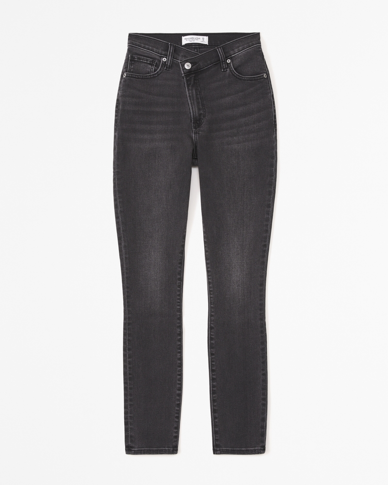 Express High Waisted Washed Black Side Button Straight Ankle Jeans