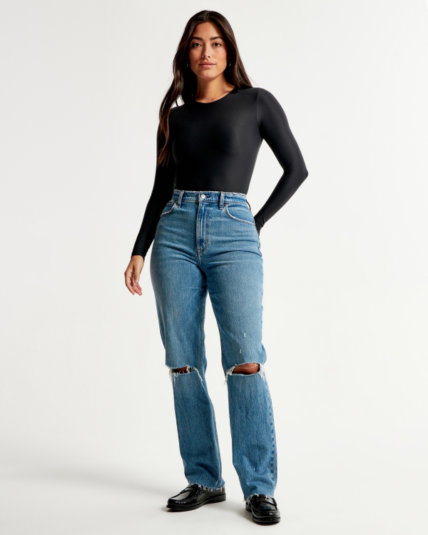 Abercrombie & Fitch Curve Love 90s straight fit jean in dark blue with  thigh slash