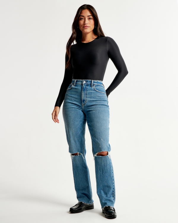 Women Mom Jeans Retro Ripped Pants High Waisted Loose Straight