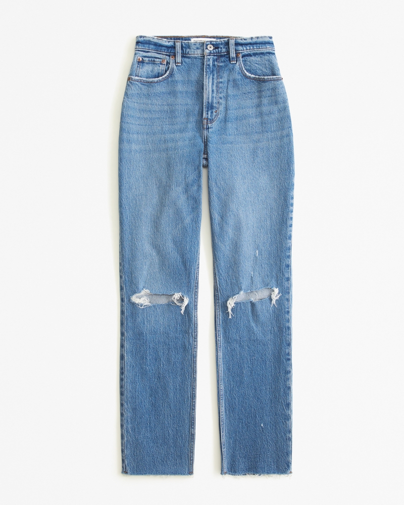Abercrombie & Fitch curve love high rise distressed ankle grazer skinny  jeans in mid wash blue