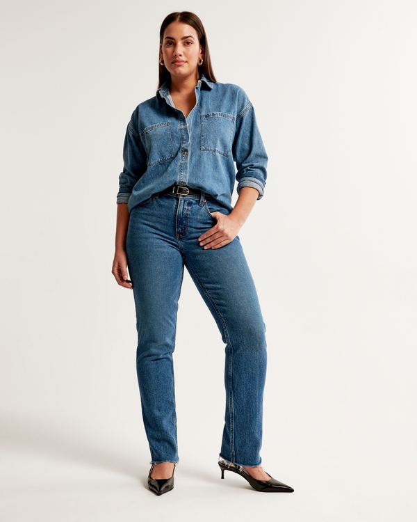 Jeans Rectos Grises No Elásticos, Pantalones De Mezclilla Informales De  Cintura Alta Con Bolsillos Inclinados, Jeans Y Ropa De Mujer