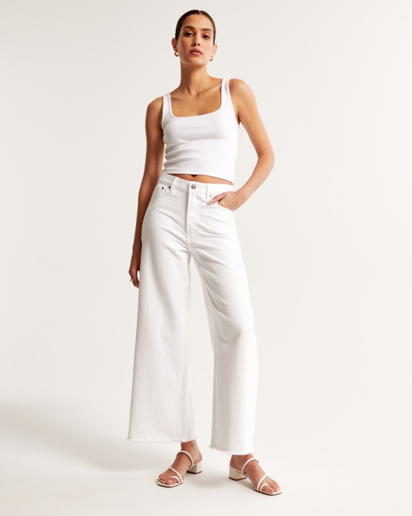 High Rise Cropped Wide Leg Jean, White With Raw Hem