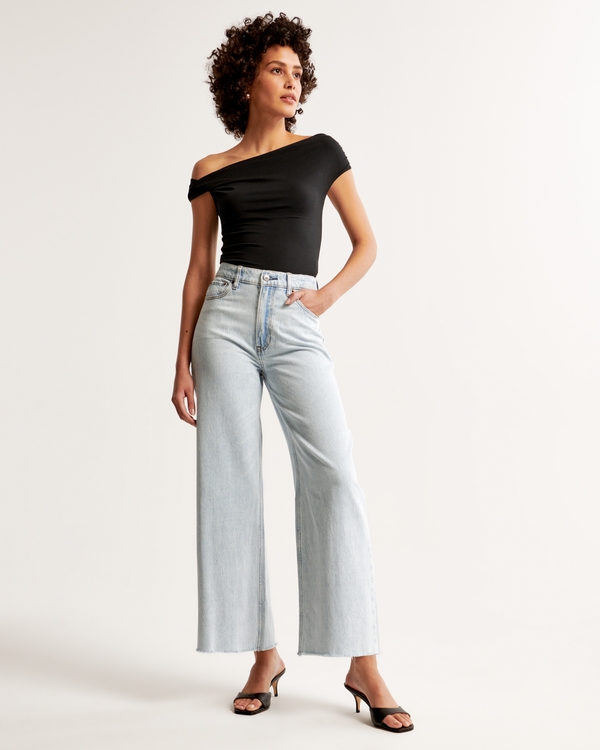 High Rise Cropped Wide Leg Jean, Light With Raw Hem