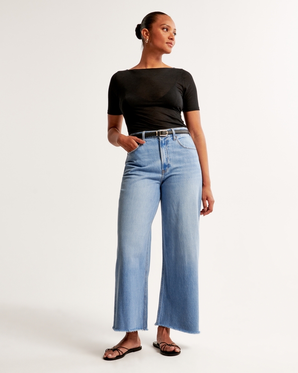 Curve Love High Rise Cropped Wide Leg Jean, Medium With Raw Hem