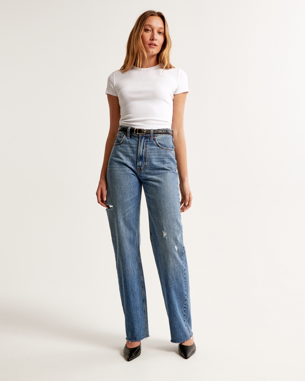 High Rise Loose Jean, Medium With Side Slash