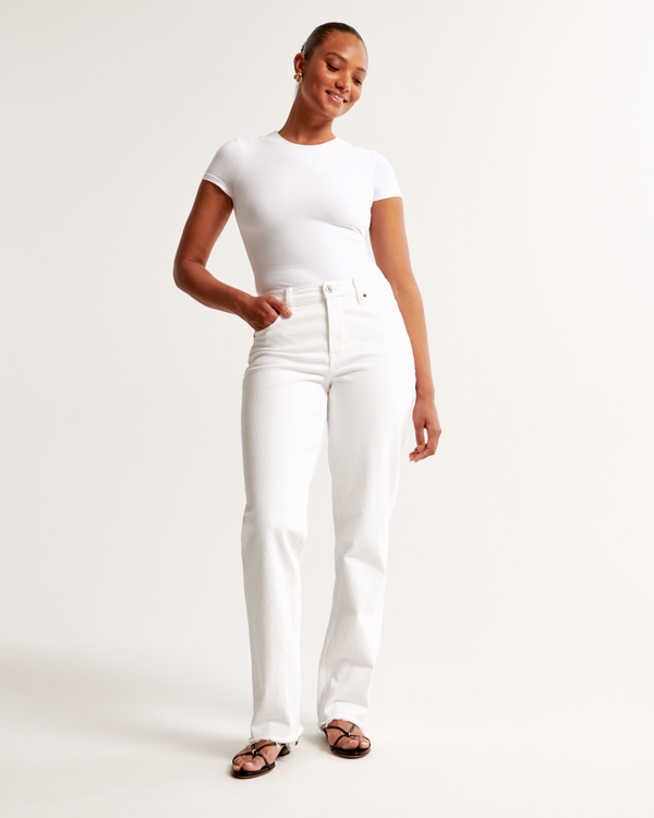Curve Love Mid Rise 90s Straight Jean, White With Raw Hem
