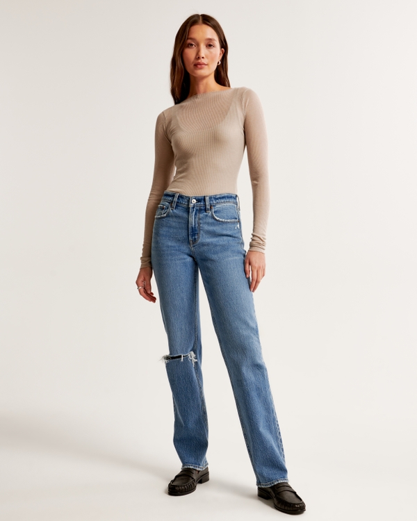 Mid Rise 90s Straight Jean, Medium With Knee Slash