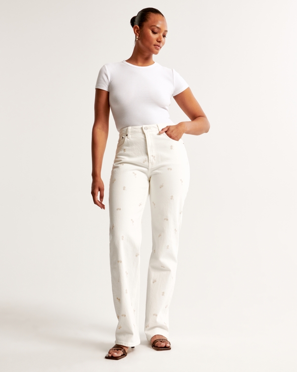 Curve Love High Rise 90s Relaxed Jean, Cream With Embroidery