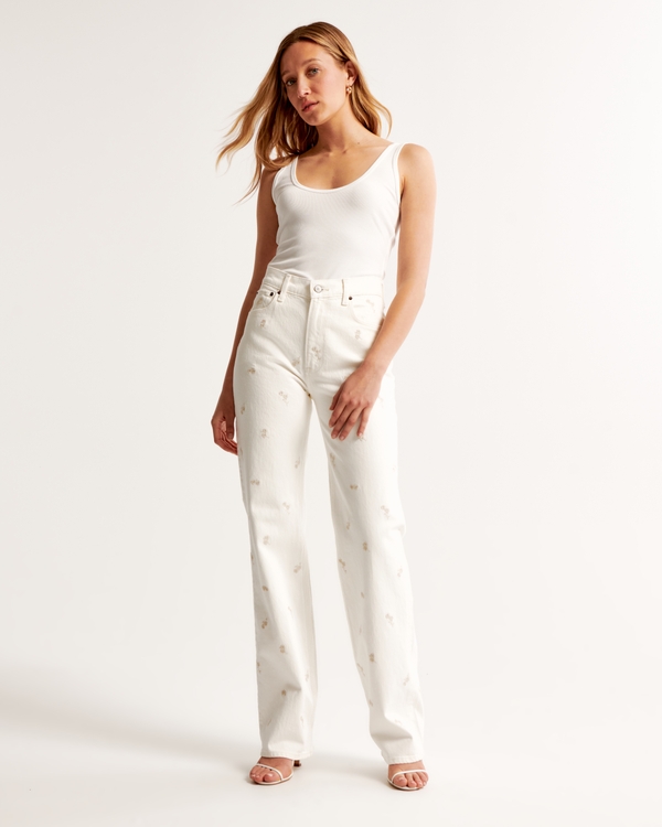 High Rise 90s Relaxed Jean, Cream With Embroidery