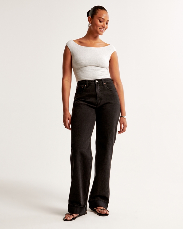 Curve Love High Rise 90s Relaxed Jean, Black With Cuff Hem