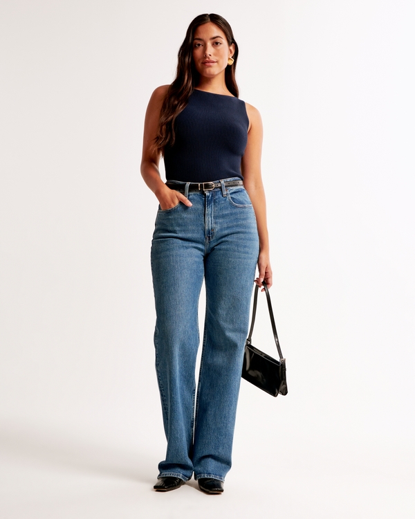 Curve Love High Rise 90s Relaxed Jean, Dark With Back Distressed Hem