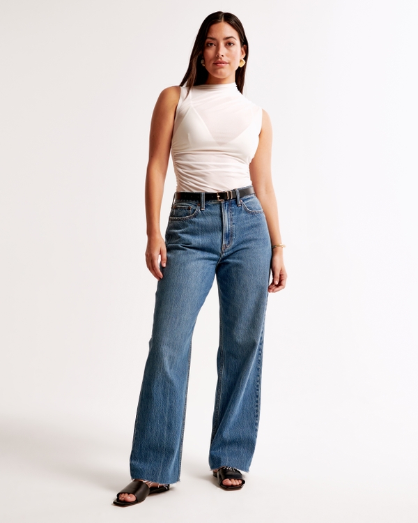 Curve Love High Rise Loose Jean, Dark With Raw Hem